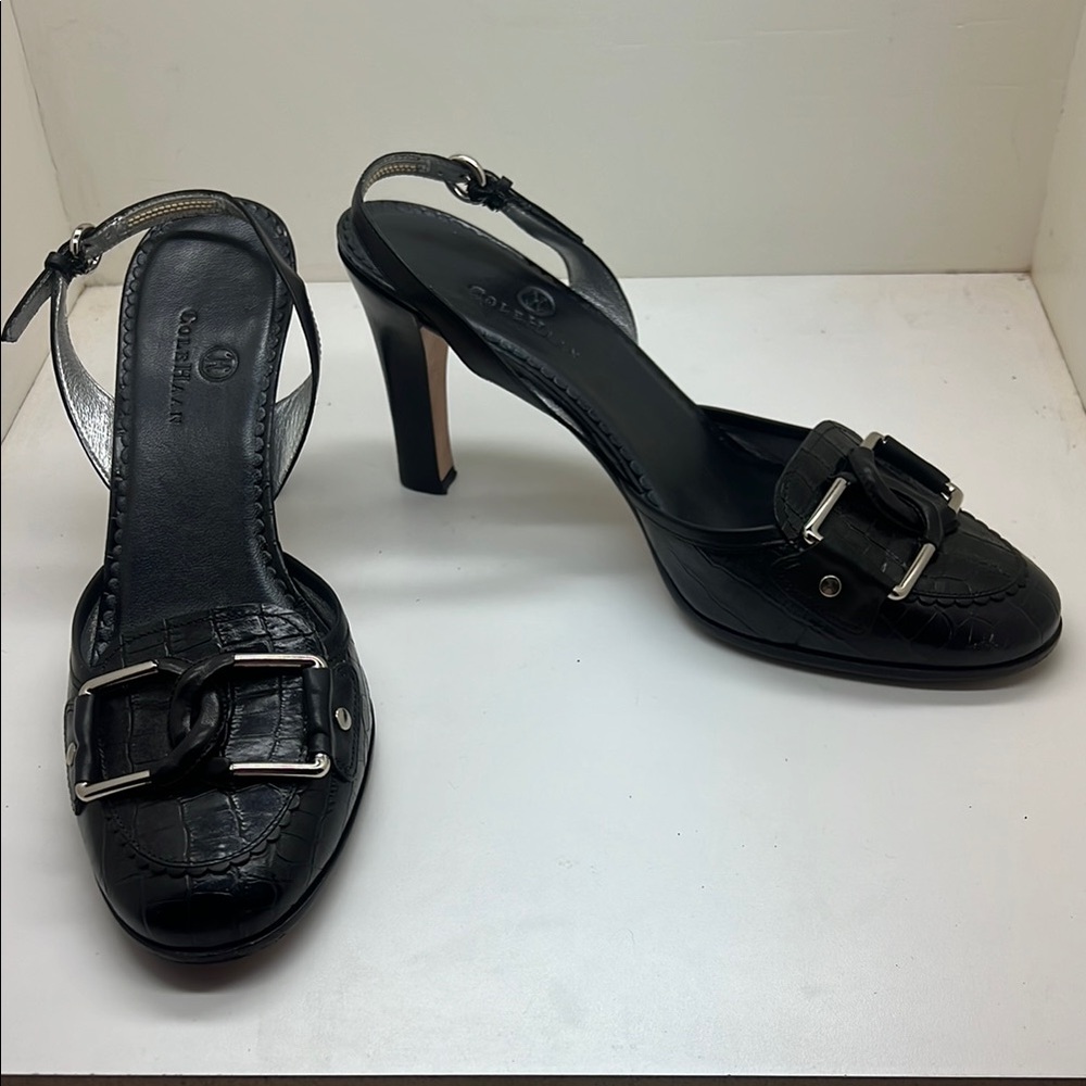 Cole Haan Romy Sling Croc Look Black Leather Women's Heels Pumps Shoes 9